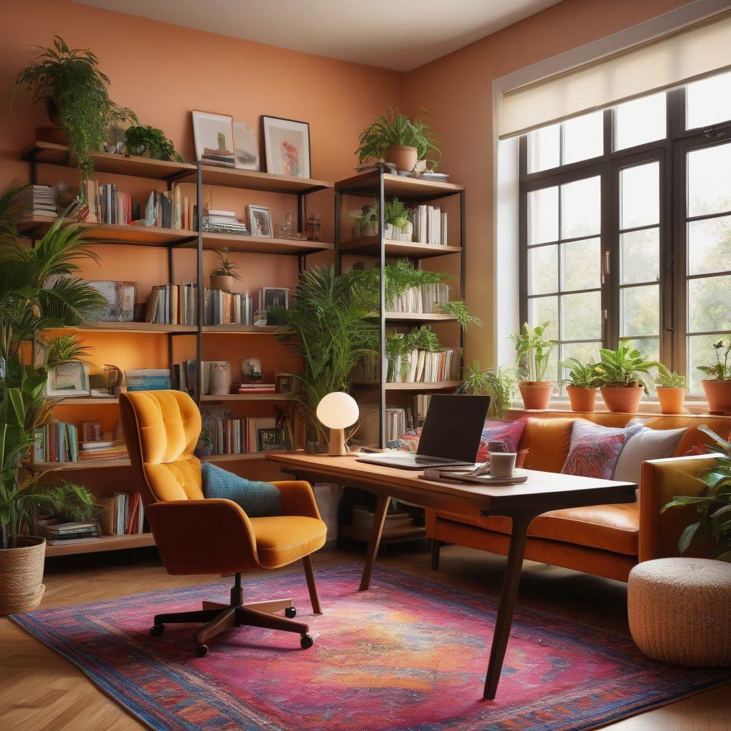 A cozy home workspace featuring a stylish desk with a laptop, a steaming cup of coffee, and lush indoor plants surrounding it. In the background, colorful shelves filled with books, art pieces, and decorative items are illuminated by soft afternoon sunlight. A comfortable armchair and a vibrant rug complete the inviting atmosphere, hinting at lifestyle and entertainment. super-realistic. vibrant colors. soft lighting.
