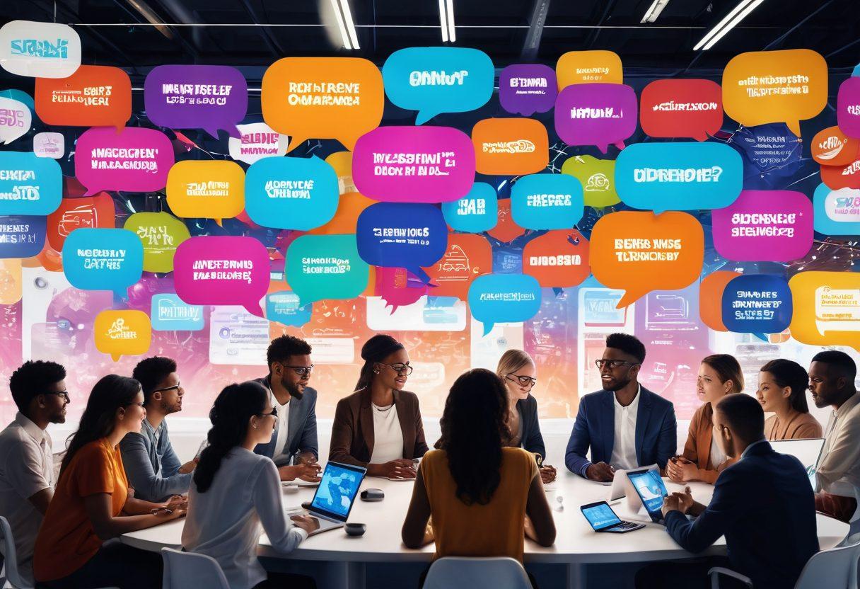 A vibrant digital marketplace bustling with diverse people discussing ideas, featuring colorful speech bubbles filled with various opinions and articles floating above them. The background showcases a blend of technology and creativity, with a digital screen displaying engaging headlines. Bright and inviting atmosphere with warm colors emphasizing connectivity and conversation. super-realistic. vibrant colors. 3D.