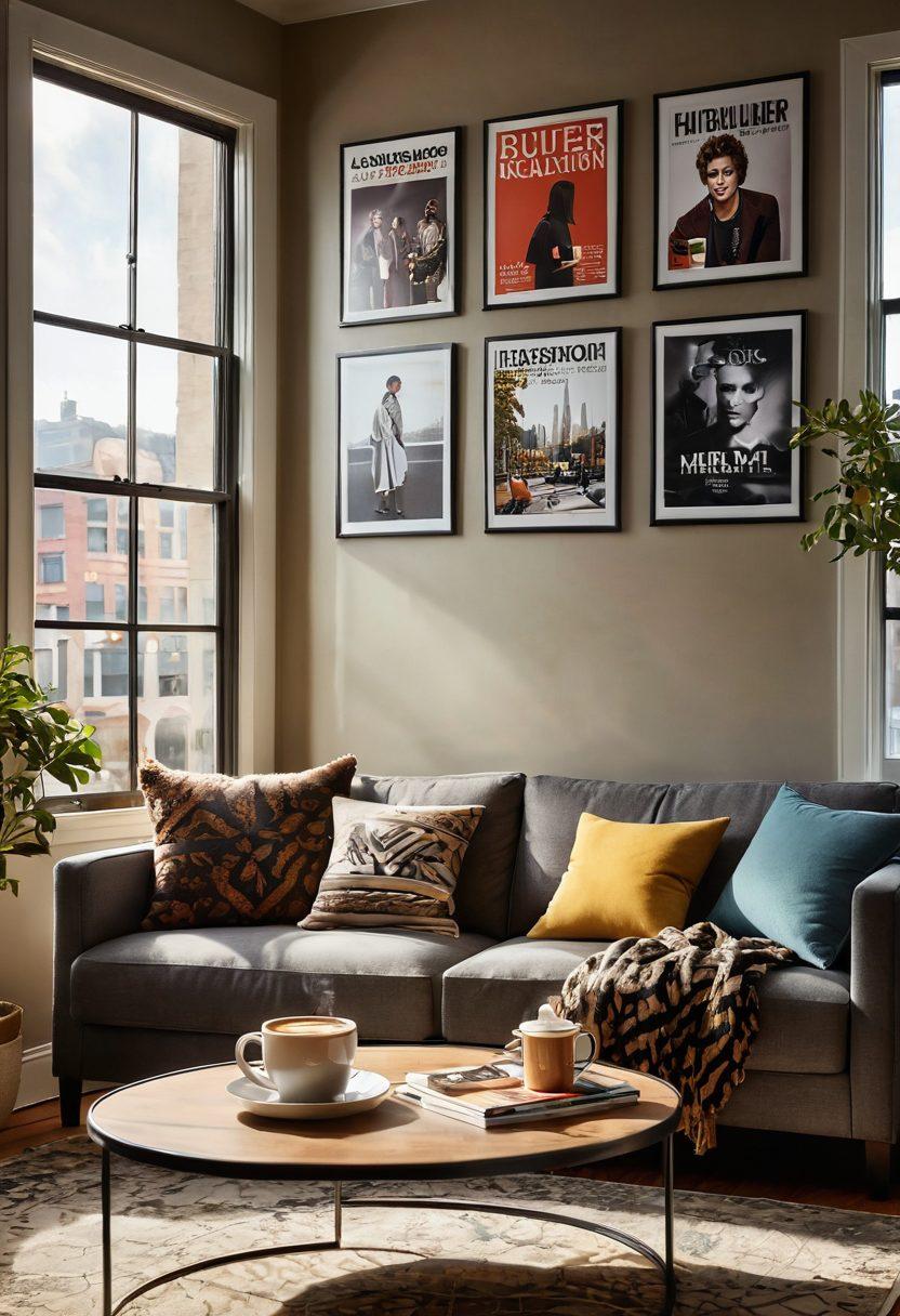A cozy living room setting with a stylish couch, stacked magazines featuring lifestyle and pop culture themes, a steaming cup of coffee on a coffee table, a large window letting in warm light, and a wall adorned with framed art. The scene conveys relaxation and engagement with modern trends. super-realistic. vibrant colors. soft lighting.